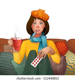 Sick Brunette girl. Cold. Medications, thermometer, cup of tea. Vector isolated illustration. Cartoon character. Young girl quinsy flu or any other virus cold. Woman sitting on sofa