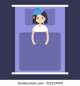 Sick brunette girl lying under the blanket with ice pack on head and thermometer in mouth  / flat editable vector illustration
