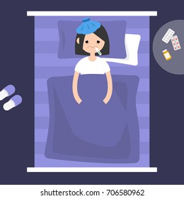 Sick brunette girl lying under the blanket with an ice pack on her head and thermometer in the mouth  / flat editable vector illustration