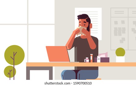 sick businessman blowing nose with handkerchief unhealthy guy sitting at workplace using laptop man having flu sneeze illness concept modern office interior flat portrait horizontal vector