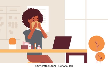 sick businesswoman blowing nose with handkerchief african american girl sitting at workplace using laptop woman having flu sneeze illness concept modern office interior portrait horizontal vector