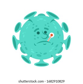 Sick cartoon character of coronavirus isolated infectious bacteria keep in mouth thermometer for temperature. Quarantine situation covid-19 virus world pandemic. Vector illustration flat design style.