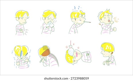 Sick Cartoon Character Vector Set – Blonde Hair with Medical Symptoms