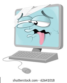 Sick cartoon computer with keyboard and mouse