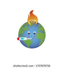 A sick cartoon Earth with a thermometer in his mouth.