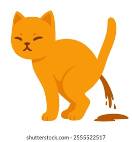 Sick cat having diarrhea, symptom of disease in cats. Veterinary health illustration, cartoon drawing.