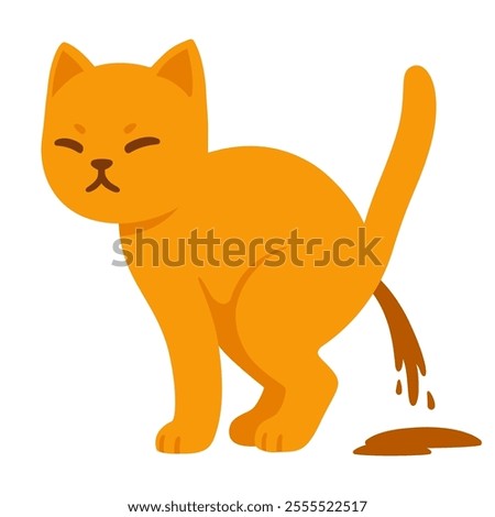Sick cat having diarrhea, symptom of disease in cats. Veterinary health illustration, cartoon drawing.