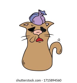 A sick cat with a hot water bottle on its head .Vector children's design for greeting cards, banners.
