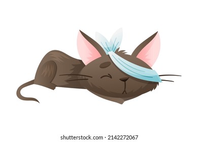 Un animal de mascota de gato enfermo. Triste gatito con venda en la ilustración del vector de la caricatura ocular