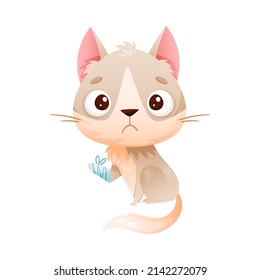 Sick cat pet. Sad kitten animal with bandage on its paw cartoon vector illustration svg