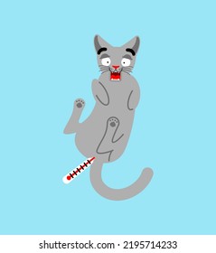 Sick cat and thermometer. Measuring temperature rectally in a pet
