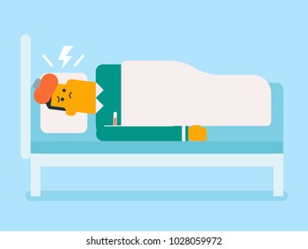 Sick caucasain white man with fever laying in bed and measuring temperature with a thermometer. Sick patient having headache and suffering from flu virus. Vector cartoon illustration. Square layout.