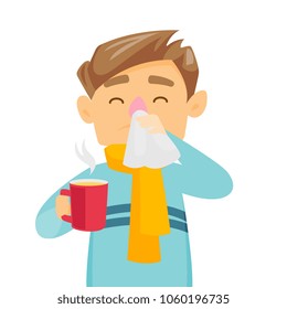 Sick caucasian white man blowing his nose to handkerchief. Young sick man having an allergy and blowing his nose to a tissue. Vector cartoon illustration isolated on white background. Square layout.