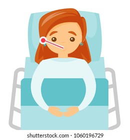 Sick caucasian white woman laying in hospital bed. Sick woman measuring temperature with a thermometer and suffering from cold. Vector cartoon illustration isolated on white background. Square layout.
