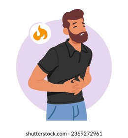 Sick Character Experiencing Intense Stomach Discomfort And Burning Sensations, Symptom Of Gastritis. Man Seek Medical Attention Promptly For Diagnosis And Treatment. Cartoon People Vector Illustration