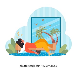 Sick character suffering from jetlag or acclimatization. Bad vacation experience. Unlucky tourist having problems during their trip. Unhappy character travel abroad. Flat vector illustration