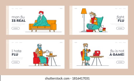 Sick Characters Caught Flu Landing Page Template Set. Unhappy Sick People Wrapped to Plaid Having Fever Measuring Temperature with Thermometer, Drinking Pills, Disease. Linear Vector Illustration