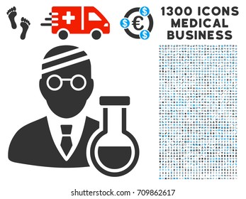 Sick Chemist grey vector icon with 1300 health care business pictographs. Clipart style is flat bicolor light blue and gray pictograms.