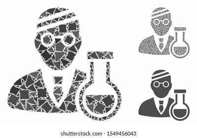 Sick chemist mosaic of humpy parts in different sizes and color tinges, based on sick chemist icon. Vector unequal parts are organized into collage. Sick chemist icons collage with dotted pattern.