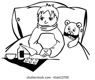 Sick child in bed,  vector graphic illustration. Sick kid lying in bed