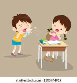 Sick Child blow the nose. Cute boy using tissue to wipe snot from his nose.coughing child to friend in class