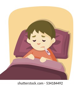 Sick Child Boy Lying In Bed With A Thermometer In Mouth And Feel So Bad  With Fever, Vector Cartoon Illustration.