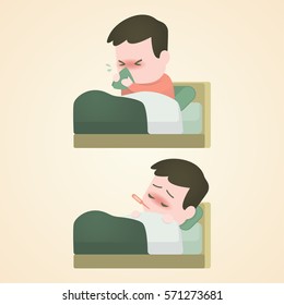 Sick Child Boy Lying In Bed With A Thermometer In Mouth And Sneeze With Fever, Vector Cartoon Illustration.