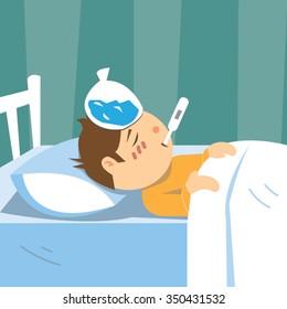 Sick Child Boy Lying On The Bed At Home Or The Hospital -vector