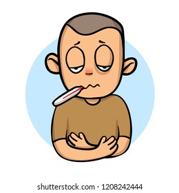 Sick child boy with thermometer in his mouth. Cartoon design icon. Colorful flat vector illustration. Isolated on white background.