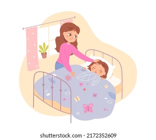 Sick Child And Care Of Mom Vector Illustration. Cartoon Kid Lying In Bed At Home, Girl Suffering From Flu Or Cold, Scene With Little Patient And Parent Isolated On White. Love, Parenthood Concept