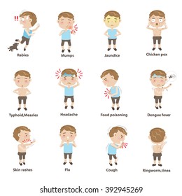 Sick Child Character Sets. Cartoon Vector Illustration.