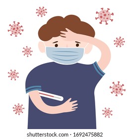 Sick child with a coronavirus with a thermometer and a face mask. High temperature boy with a corona virus. Kid wearing a face mask. Vector illustration