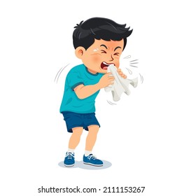 Sick child. A coughing boy holds a handkerchief in his hand. Vector illustration