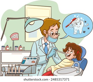 Sick child in the dentist's office. doctor in a doctor's coat and mask sitting in a chair with a mirror for a check of teeth and oral cavity. Cartoon vector illustration