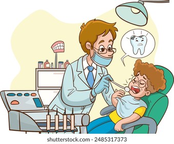 Sick child in the dentist's office. doctor in a doctor's coat and mask sitting in a chair with a mirror for a check of teeth and oral cavity. Cartoon vector illustration