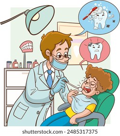 Sick child in the dentist's office. doctor in a doctor's coat and mask sitting in a chair with a mirror for a check of teeth and oral cavity. Cartoon vector illustration