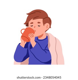 Sick child drinking hot tea, cocoa. Cute kid freezing, warming with cup in hand and blanket. Frozen boy preventing flu, cold, virus. Flat graphic vector illustration isolated on white background