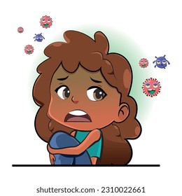 sick child exposed to virus and bacteria, girl with flu and feeling unwell, vector illustration.