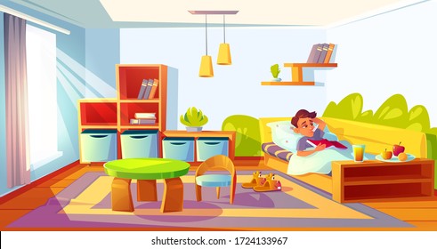 Sick child with fever in bed with thermometer in mouth. Diseased boy feel so bad got influenza relaxing in bedroom with book in hands and intact meal. Cold symptom, illness cartoon vector illustration