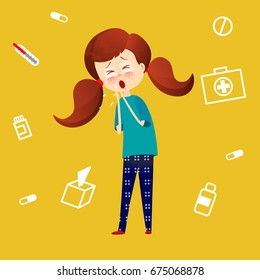 Sick child with fever and illness . Kid catch cold. Young girl got flu and coughing. Sickness symptoms vector illustration in cartoon style.