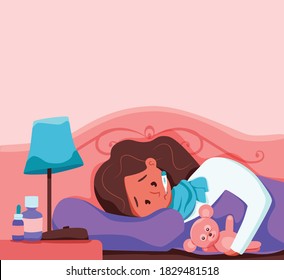 Sick Child With Fever With Thermometer In Mouth Vector Illustration. Unhappy Little Girl Feel Unwell With Virus Or Cold Illness, Having Headache, Measures The Body Temperature Laying In Bed At Home.