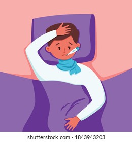Sick child with fever with thermometer in mouth vector illustration. Unhappy little boy feel unwell with virus or cold illness, having headache, measures the body temperature laying in bed at home.