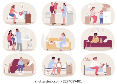 Sick child flat set with isolated compositions of kid getting ill with parents and doctors characters vector illustration
