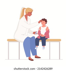 Sick child with friendly, caring doctor. Kid got cold. Child's body temperature is measured and medicines are given. Characters in colored flat vector illustration isolated on white background.
