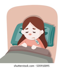 Sick Child Girl Lying In Bed With A Thermometer In Mouth And Feel So Bad  With Fever, Vector Cartoon Illustration.