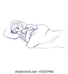Sick child girl lying in bed with a thermometer under her arm and feel so bad with fever, vector hand drawn illustration.
