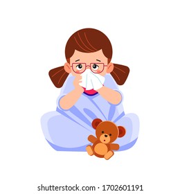 Sick child girl sitting in bed with toy bear and blowing her nose, feel so bad with fever. Cartoon vector illustration.