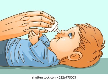 Sick child. The hand holds medical drops and instills them onto the child's nose. Medical procedure.  Healthcare illustration, medical illustration. Vector illustration. 
