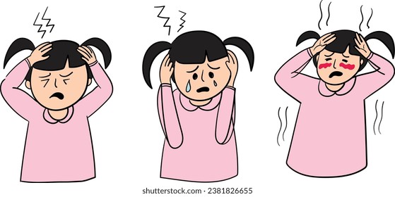 Sick child with headache Sick child feels sick dizziness, headache, migraine, vertigo Three flat vector illustrations on white background.