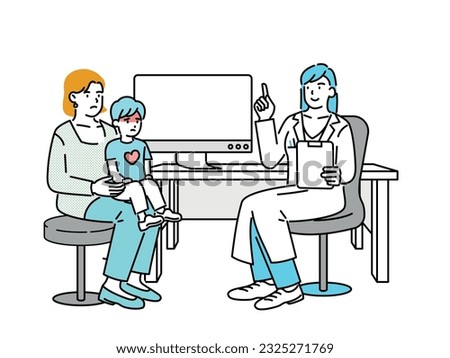 A sick child and his mom seeing a doctor at the hospital.